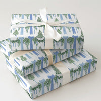 Watercolor Blue Bows Green Garland Gift Wrap, Christmas Wrapping Paper, Elegant Holiday Present Paper, Festive Christmas Wrapping Paper Roll