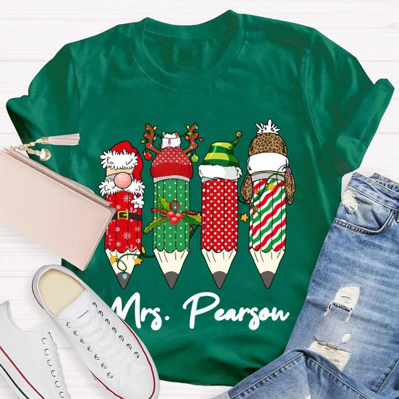 Custom Name Holiday School Graphic Tee, Personalized Christmas Pencils T-Shirt, Teacher and Student Festive Xmas Shirt