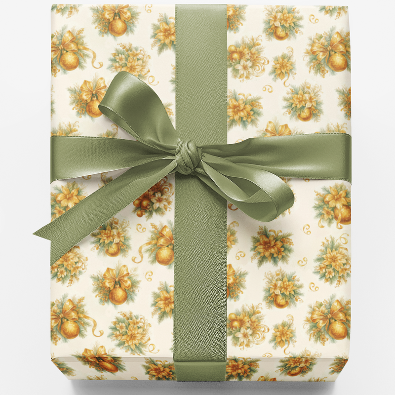 Elegant Holiday Gift Wrap, Gold Ornament Christmas Wrapping Paper, Gold Christmas Wrapping Paper, Xmas Present Wrap, Luxury Gift Wrap Roll
