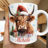 Festive Winter Highland Cow Mug, Highland Cow Santa Hat Christmas Mug, Adorable Snowflake Holiday Farm Animal Mug, Xmas Farmhouse Present