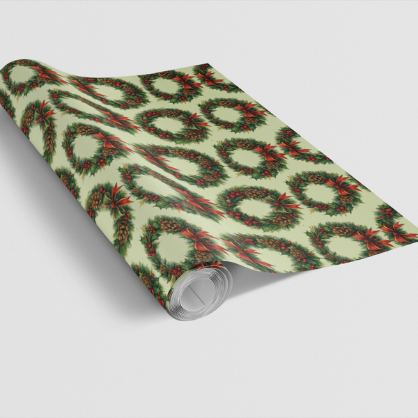 Pine Cone Holiday Gift Wrap, Christmas Wreath Wrapping Paper, Winter Botanical Wrapping Paper, Holiday Gift Wrap Roll, Season