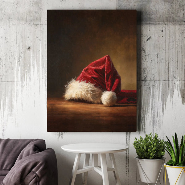 Rustic Christmas Canvas Print, Santa Hat Oil Painting Canvas Wall Art, Festive Holiday Santa Hat Canvas Decor, Winter Seasona
