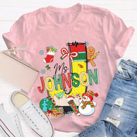 Custom Name Snowman Shirt, Personalized Christmas T-Shirt, Colorful Font Holiday Graphic Tee, Personalized Family Christmas T-Shirt Present