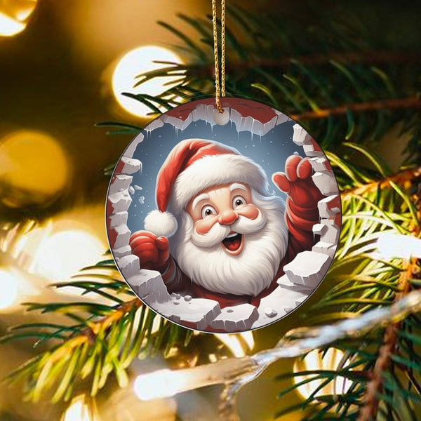 3D Breaking Wall Christmas Ornament, Santa Claus Ceramic Ornament, Glossy Holiday Tree Ornament, Round Xmas Keepsake, Festive