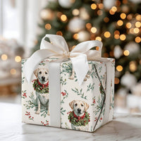 Adorable Dog Holiday Gift Wrap, Yellow Labrador Christmas Wrapping Paper, Labrador Wreath Wrapping Paper, Dog Lover Xmas Gift Wrap Paper Roll