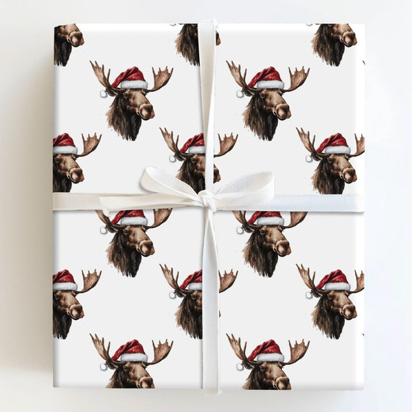 Santa Hat Moose Gift Wrap, Christmas Moose Wrapping Paper, Rustic Winter Holiday Wrapping Paper, Adorable Animal Festive Wrap
