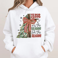 Christian Christmas Hooded Sweatshirt, Jesus Is the Reason for the Season Hoodie, Plaid Bow Cross Pullover Hoodie, Religious Holiday Present