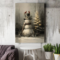 Winter Scene with Red Cardinal Poster, Vintage Snowman Canvas Wall Art Print, Rustic Christmas Holiday Decor, Printable Winter Village Art