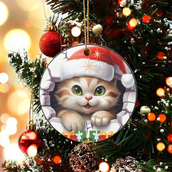 Santa Hat Kitty Wall Tree Ornament, Adorable Cat Christmas Ornament, Ceramic Pet Holiday Ornament, Festive Kitten Decor, Cat 