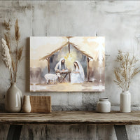 Holy Family Manger Canvas Art, Watercolor Nativity Canvas Print, Christian Christmas Wall Art, Religious Canvas Decor, Digital Download