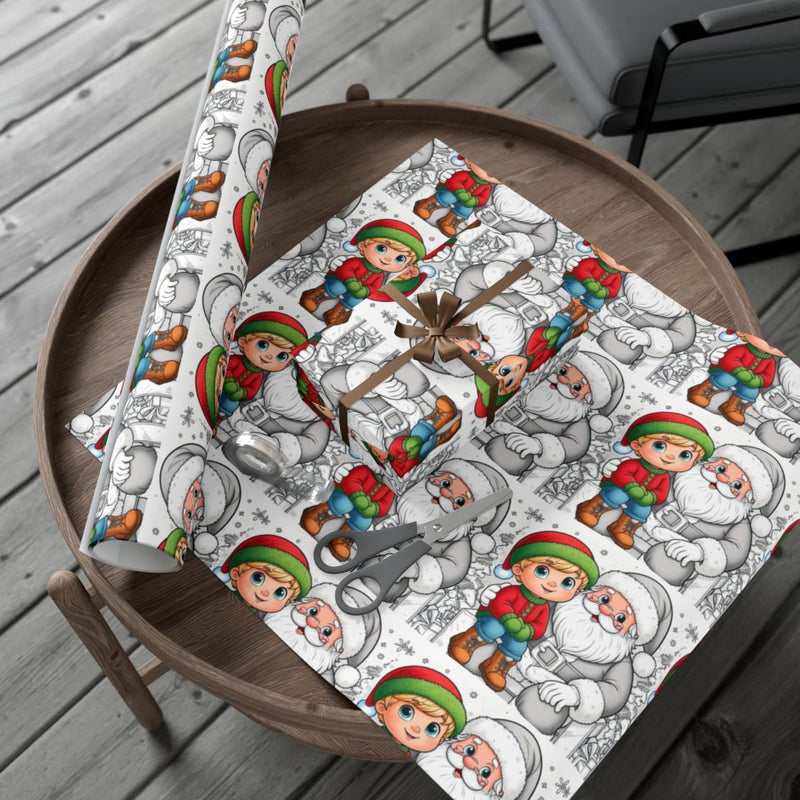 Kids Christmas Activity Gift Wrap, Colorable Santa and Elf Wrapping Paper, DIY Holiday Coloring Wrapping Paper, Winter Xmas Wrapping Paper