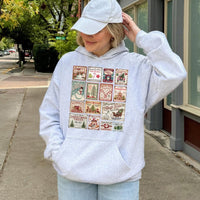 Retro Holiday Stamp Collage Hoodie, Vintage Christmas Stamp Hoodie, Festive Winter Graphic Hooded Sweatshirt, Comfy Christmas Present Hoodie