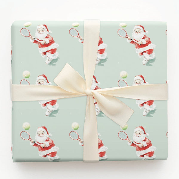 Sporty Holiday Gift Wrap, Tennis Santa Christmas Wrapping Paper, Mint Green Watercolor Tennis Wrapping Paper, Tennis Player X