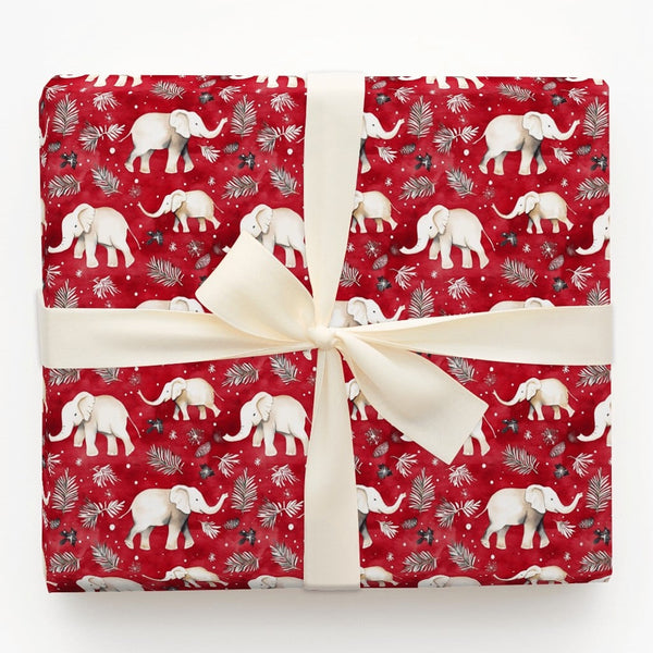 Festive Red Elephant Gift Wrap, Watercolor White Elephant Wrapping Paper, Christmas Elephant Wrapping Paper, Winter Botanical