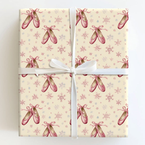 Pink Pointe Shoes Christmas Gift Wrap, Ballet Slipper Wrapping Paper, Dancer Snowflake Wrapping Paper, Ballerina Holiday Gift