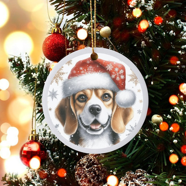 Santa Hat Dog Ceramic Ornament, Beagle Christmas Ornament, Festive Hound Puppy Tree Ornament, Dog Lover Holiday Keepsake Deco