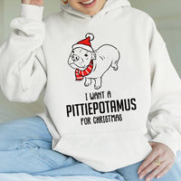 Humorous Pitbull Puppy Hoodie, I Want a Pittiepotamus Christmas Hoodie, Holiday Dog Lover Sweatshirt, Pittie Mom Dog Present Christmas Hoodie