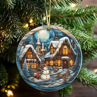 Snowman Fox Christmas Ornament, Stained Glass Winter Village Ornament, Winter Scenic Ceramic Ornament, Holiday Tree Keepsake Present