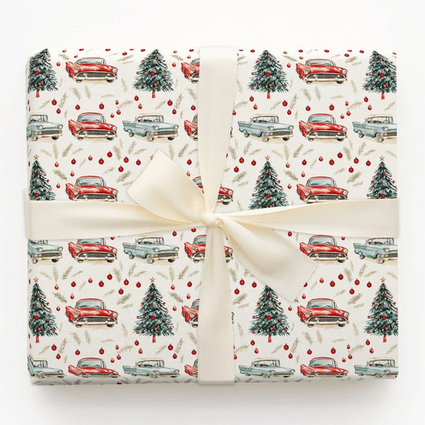 Retro Holiday Gift Wrap, Vintage Car Christmas Wrapping Paper, Classic Car Present Paper, Nostalgic Xmas Wrapping Paper, Car 
