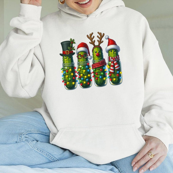 Humorous Holiday Pickle Jar Hoodie, Christmas Pickle Hoodie, Santa Hat Christmas Pickle Hoodie, Adorable Foodie Festive Winte