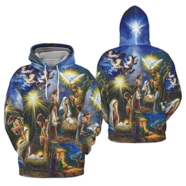 Religious Christmas Art Hoodie, Nativity Scene Hoodie, Christian Holy Night Sweatshirt, Faithful Holiday Pullover Hoodie, Fai