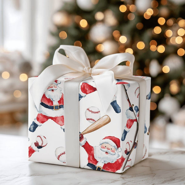 Sports Holiday Gift Wrap, Baseball Santa Christmas Wrapping Paper, Watercolor Baseball Player Wrapping Paper, Coach Christmas