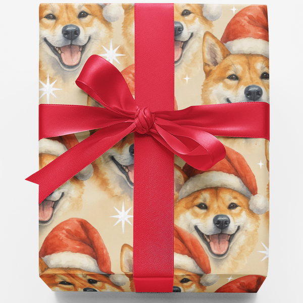 Dog Santa Hat Gift Wrap, Shiba Inu Christmas Wrapping Paper, Shiba Inu Holiday Wrapping Paper, Dog Lover Xmas Gift Wrap Roll
