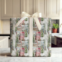 Snowy Winter Townhouse Holiday Gift Wrap, Watercolor Christmas Village Wrapping Paper, Festive Winter City Wrapping Paper, Christmas Wrap