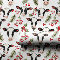 Rustic Farmhouse Holly Gift Wrap, Christmas Cow Wrapping Paper, Winter Cattle Holiday Wrapping Paper, Animal Lover Christmas Gift Wrap