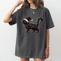 Humorous Holiday Kitten Graphic Tee, Black Cat Christmas Lights T-Shirt, Xmas Cat Lover Shirt, Adorable Christmas Pet Owner Present