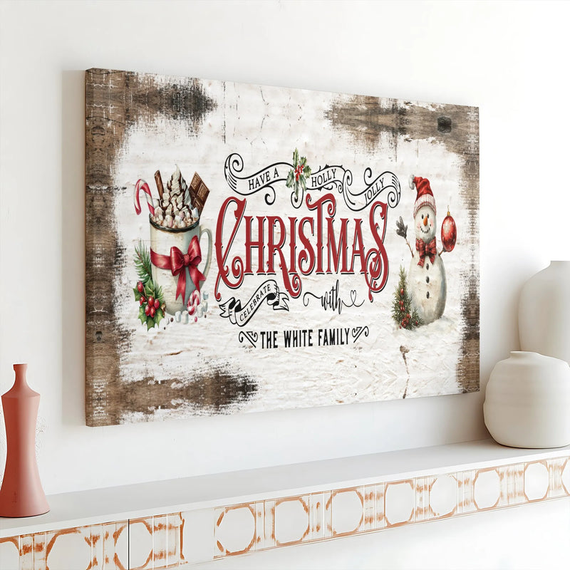 Holly Jolly Christmas Wall Art, Rustic Snowman Christmas Canvas Print, Festive Cocoa Holiday Poster, Christmas Art Digital Download