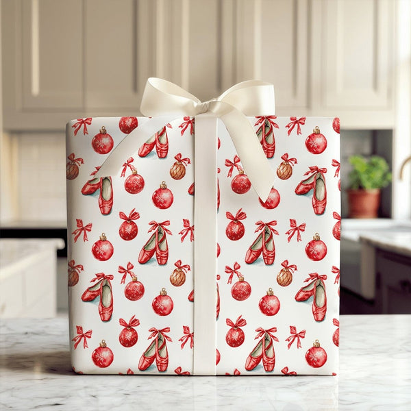 Christmas Nutcracker Gift Wrap, Ballet Pointe Shoes Wrapping Paper, Red Ribbon Holiday Wrapping Paper, Ballerina Dancer Gift 