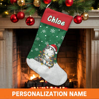 Santa Hat Kitten with Lights Stocking, Adorable Cat Christmas Stocking, Personalized Pet Holiday Stocking, Custom Cat Christmas Stocking Decor