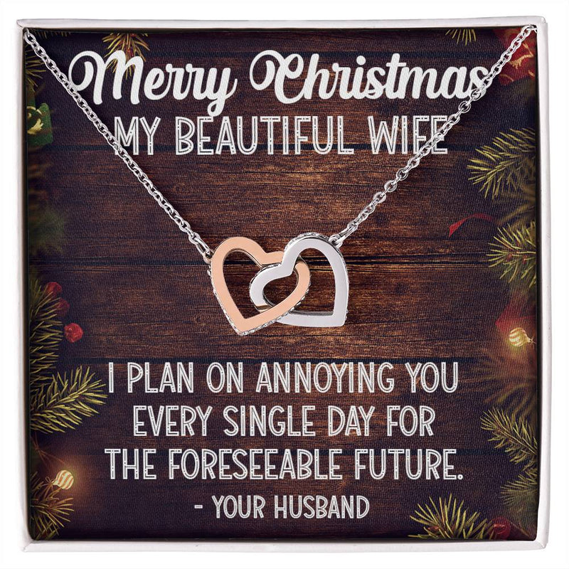 CZ Steel Heart Pendant, Wife Christmas Interlocking Hearts Necklace, Romantic Wife Holiday Jewelry, Sentimental Anniversary Present for Her