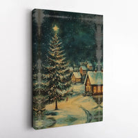 Snowy Winter Landscape Print, Christmas Village Digital Wall Art, Lit Pine Tree Holiday Poster, Festive Xmas Wall Decor Digital Download