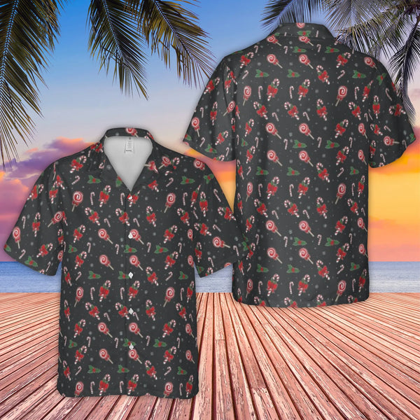 Festive Holiday Pattern Aloha Shirt, Christmas Candy Cane Hawaiian Shirt, Humorous Ugly Christmas Button Up Shirt, Winter Hol