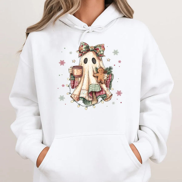 Comfy Watercolor Ghost with Gingerbread Hooded Sweatshirt, Christmas Ghost Hoodie, Vintage Holiday Ghost Pullover, Adorable X