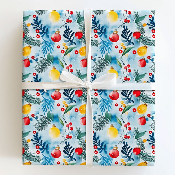 Pine Branch Holly Holiday Gift Wrap, Watercolor Christmas Ornament Wrapping Paper, Botanical Xmas Wrapping Paper, Seasonal Gi