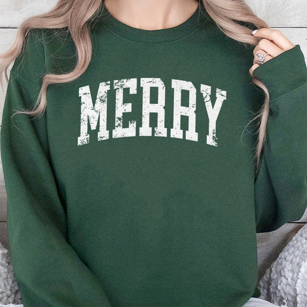 Distressed Varsity Lettering Crewneck, Merry Christmas Sweatshirt, Comfy Holiday Season Merry Sweater, Vintage Christmas Pull
