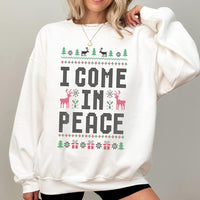 Humorous Alien Xmas Sweater, I Come in Peace Ugly Christmas Sweatshirt, Retro Sci Fi Holiday Pullover, Humorous Christmas Alien Crewneck Present