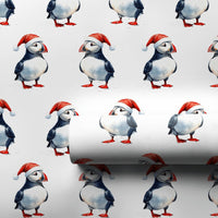 Watercolor Christmas Bird Gift Wrap, Santa Hat Puffin Wrapping Paper, Adorable Holiday Puffin Wrapping Paper, Winter Wildlife Present Wrap Roll