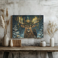 Magical Winter Forest Canvas Art, Christmas Deer and Black Cat Canvas, Festive Holiday Canvas Print, Comfy Woodland Animal Wall Decor