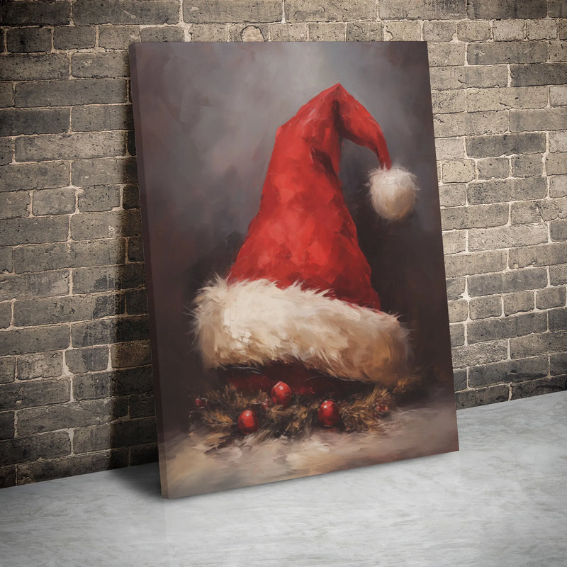 Impressionist Oil Painting Canvas, Santa Hat Canvas Wall Art, Vintage Christmas Canvas Print, Holiday Wall Art Decor, Winter Xmas Canvas