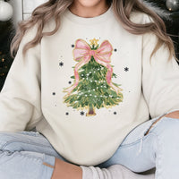 Comfy Holiday Tree Sweatshirt, Watercolor Bow Christmas Tree Sweatshirt, Preppy Xmas Graphic Crewneck, Christmas Sweatshirt Present for Her