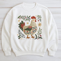 Folk Art Rooster Graphic Holiday Sweater, Christmas Chicken Sweatshirt, Comfy Country Farmhouse Crewneck, Winter Farmer Pullover