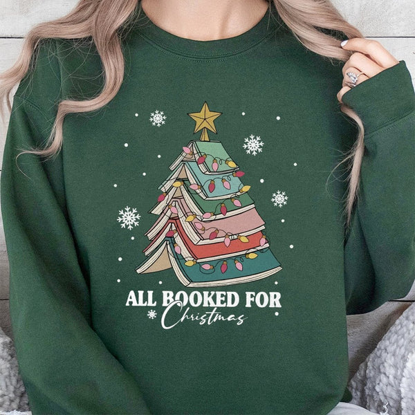 Book Tree Holiday Sweatshirt, All Booked for Christmas Sweatshirt, Adorable Bookish Xmas Crewneck, Librarian Pullover, Book L