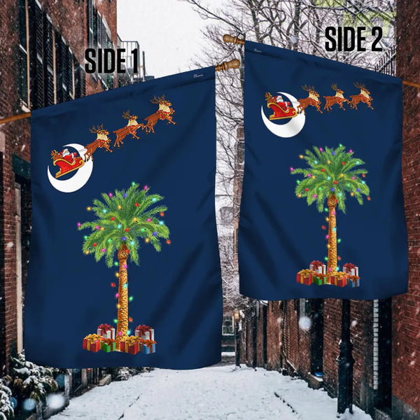 Santa Sleigh Palmetto Tree Yard Flag, South Carolina Christmas Garden Flag, Double Sided SC Holiday Lawn Flag, Winter Yard De