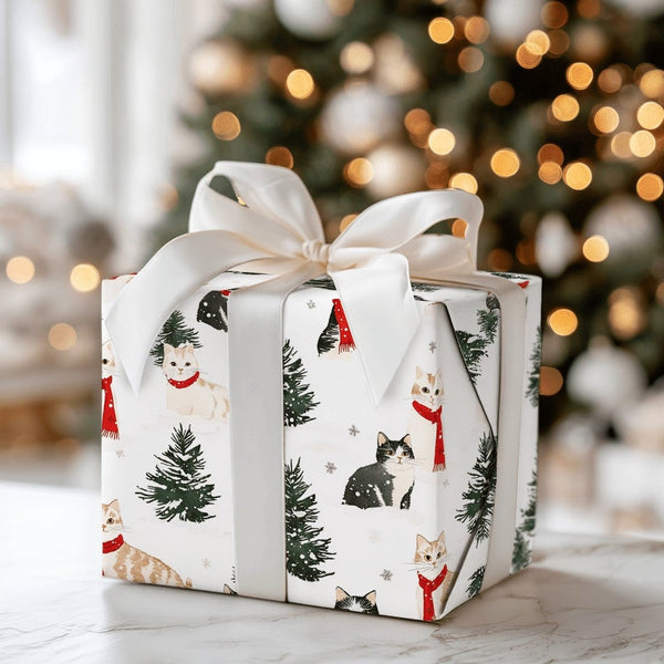 Comfy Winter Scarf Kitten Gift Wrap, Christmas Cat Wrapping Paper, Festive Pine Tree Wrapping Paper, Adorable Holiday Cat Lov