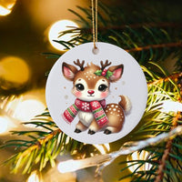 Adorable Deer with Scarf Ceramic Tree Ornament, Baby Reindeer Christmas Ornament, Kawaii Reindeer Holiday Keepsake, Festive Xmas Tree Ornament