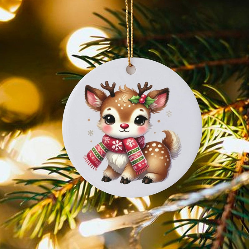 Adorable Deer with Scarf Ceramic Tree Ornament, Baby Reindeer Christmas Ornament, Kawaii Reindeer Holiday Keepsake, Festive Xmas Tree Ornament
